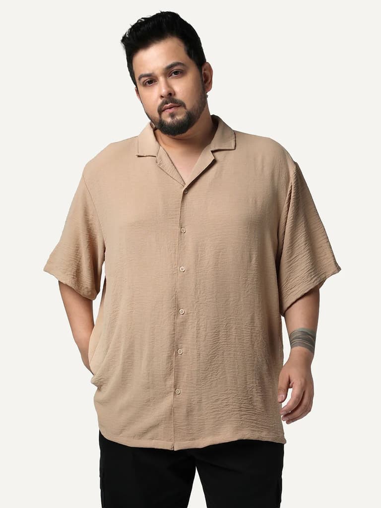 Plus Men's Beige Cotton Half Sleeve Relaxed Fit Textured Shirt with Cuban Collar — photo 2