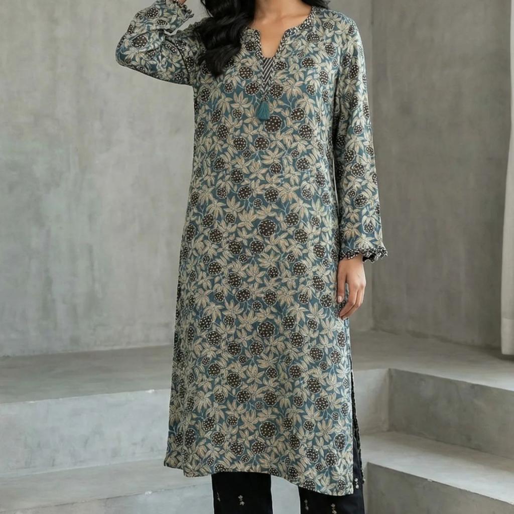 Teal Ajrak Printed Tassel Modal Satin Straight Kurta