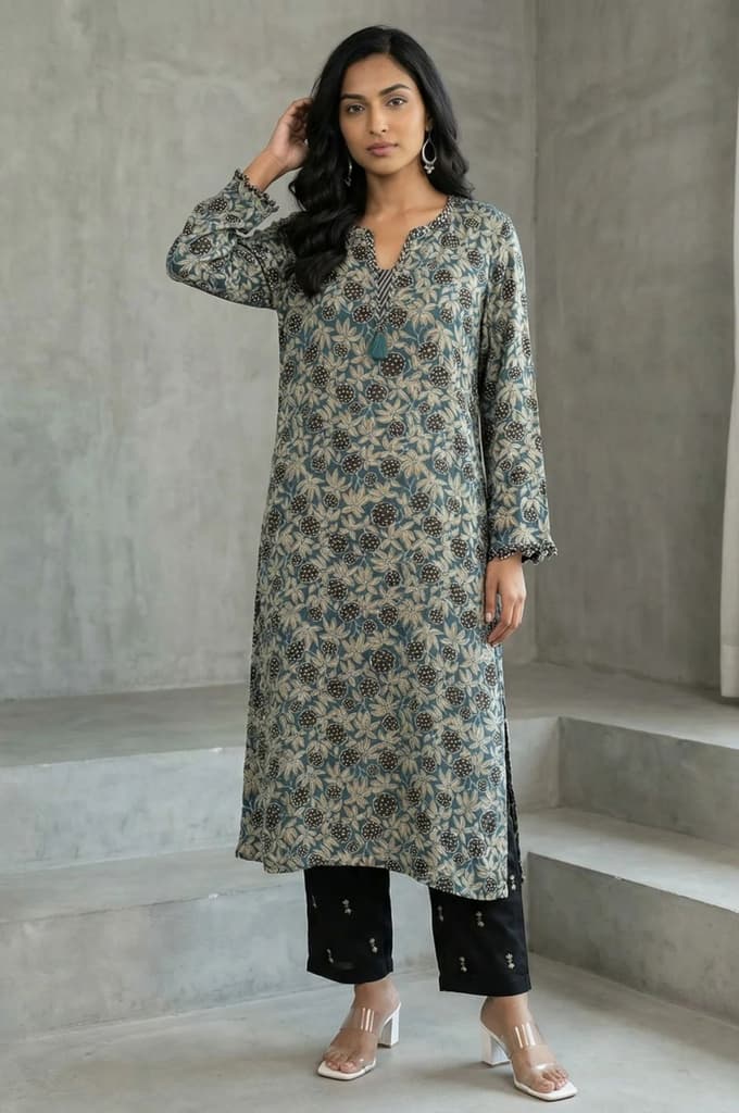 Teal Ajrak Printed Tassel Modal Satin Straight Kurta — XS