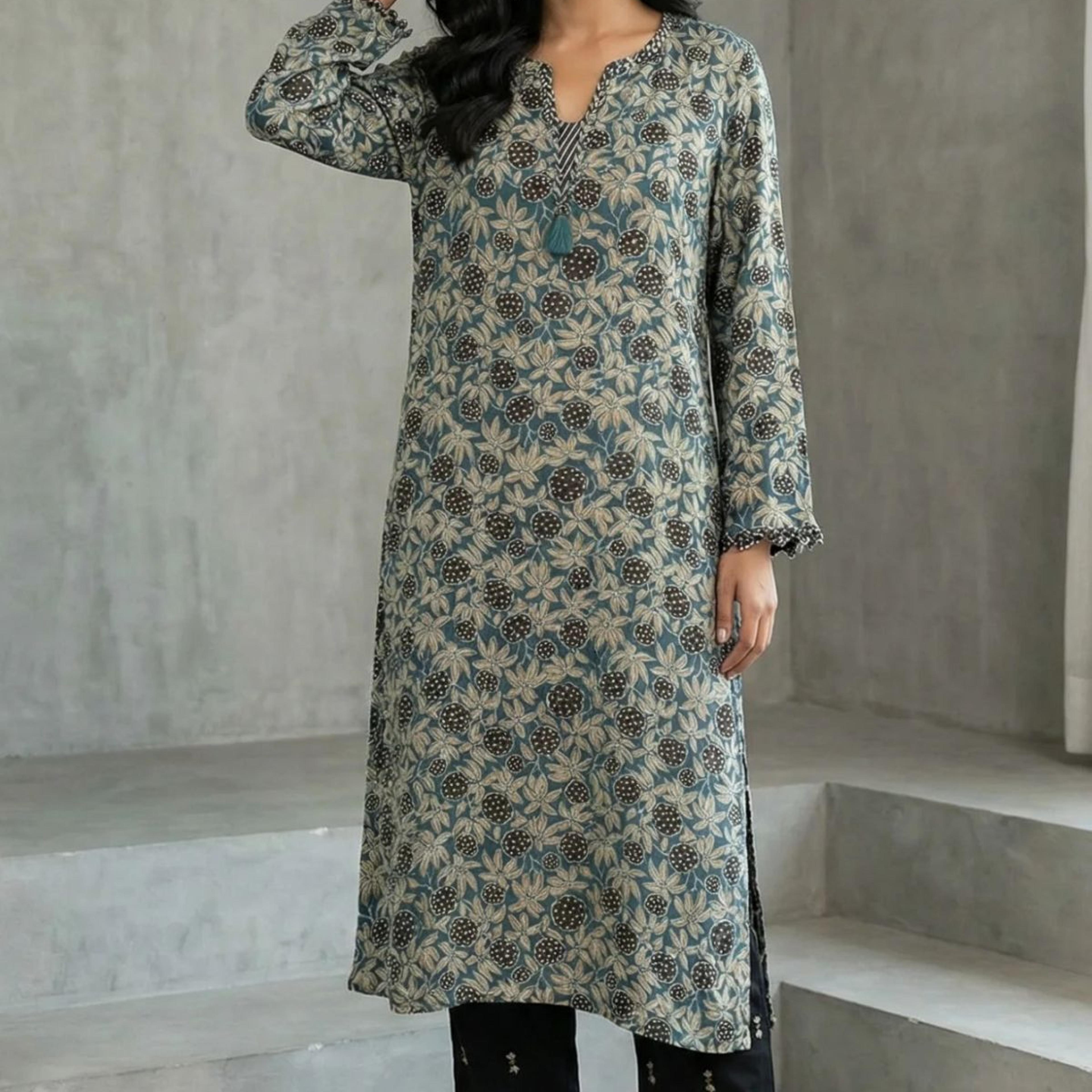 Teal Ajrak Printed Tassel Modal Satin Straight Kurta