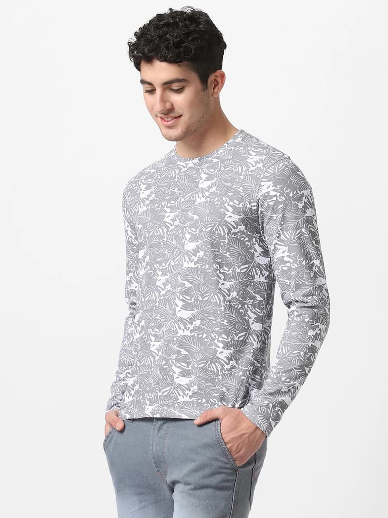 Men's White Grey Printed Full Sleeve Slim Fit Cotton T-Shirt — photo 2