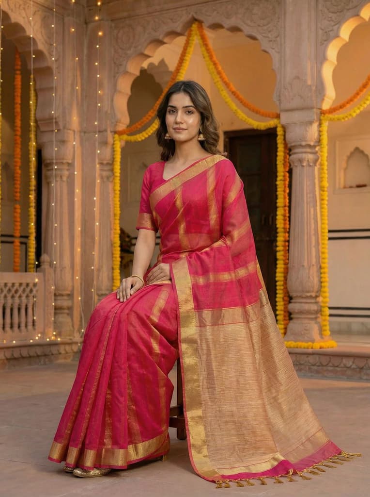MIMOSA Women's Woven Design Banarasi Style Linen Saree with Blouse Piece - Rani ( SA00003153RNFREE ) — photo 5