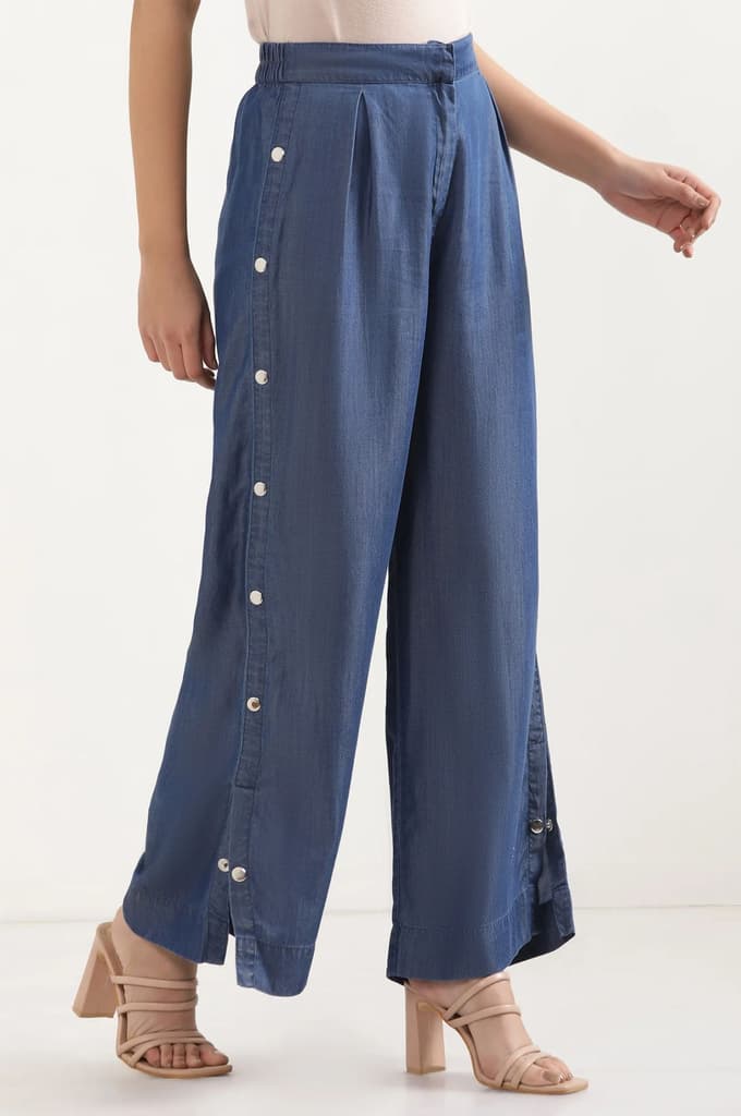 Blue Solid Wide Leg Denim Palazzo With Side Buttons — photo 5
