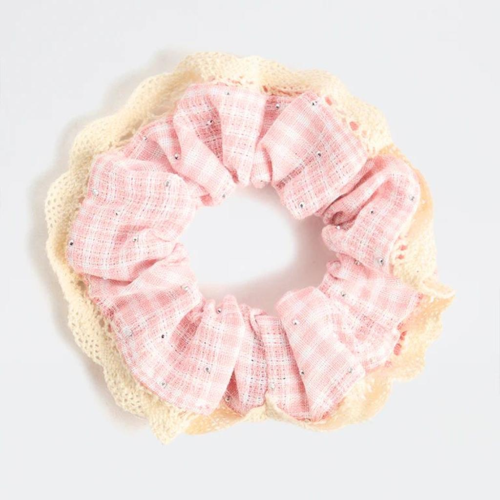 Westside Accessories Pink Checkered Lace-Trim Scrunchie