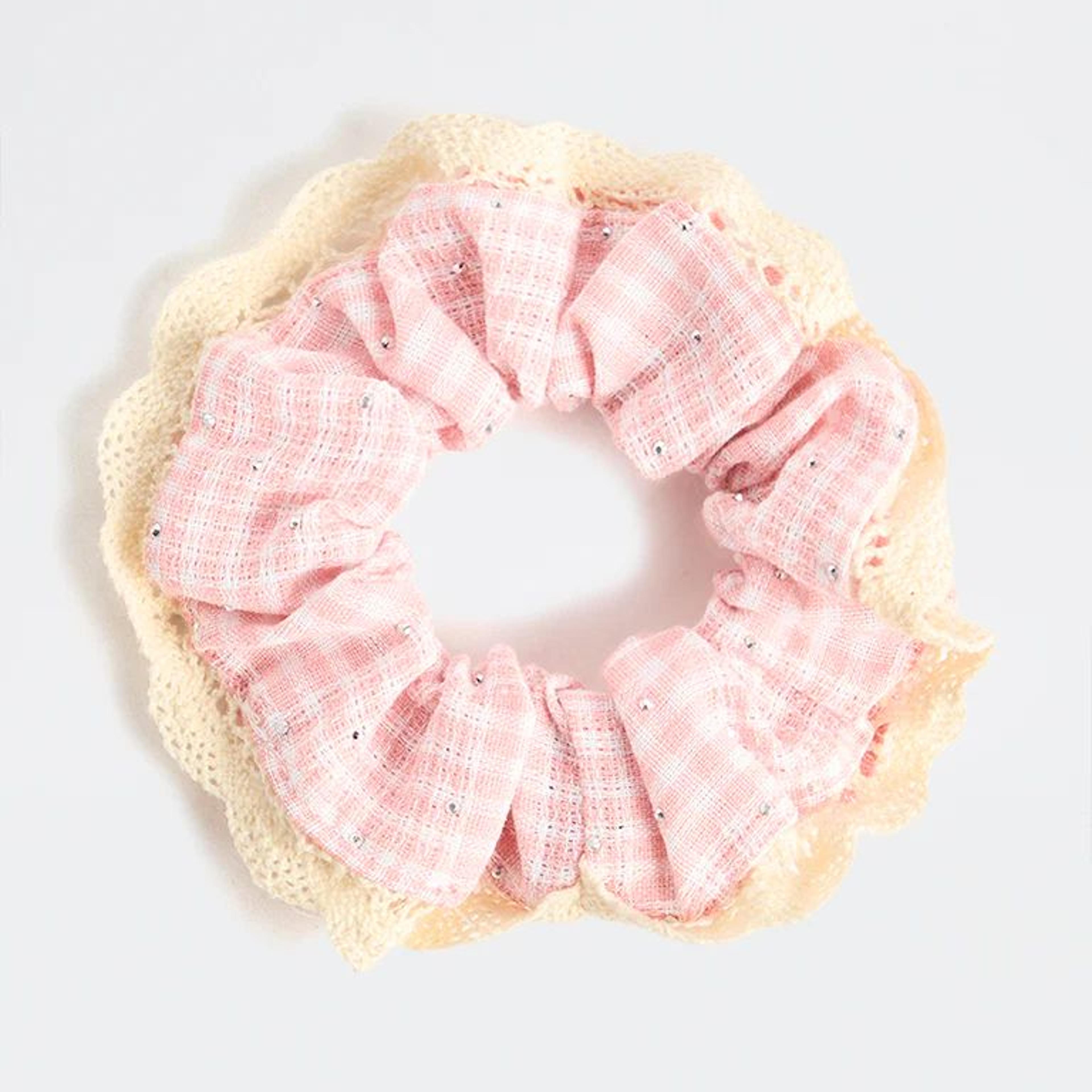 Westside Accessories Pink Checkered Lace-Trim Scrunchie