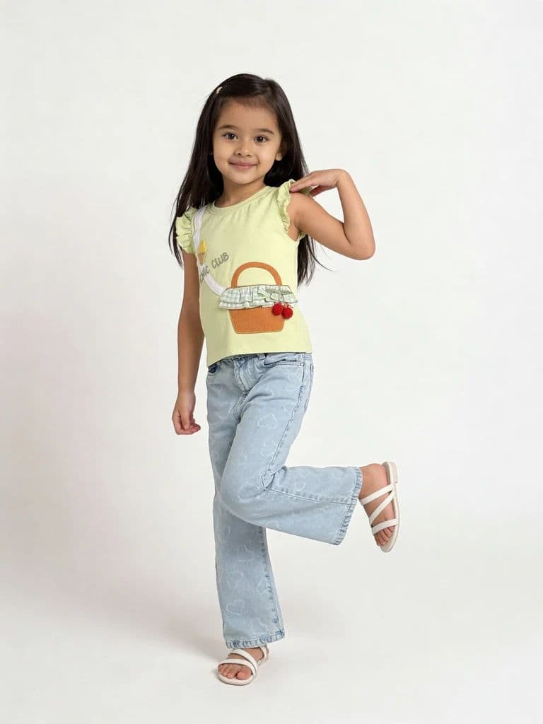 HOP Kids Girls Lime Green Embroidered Cotton T-Shirt