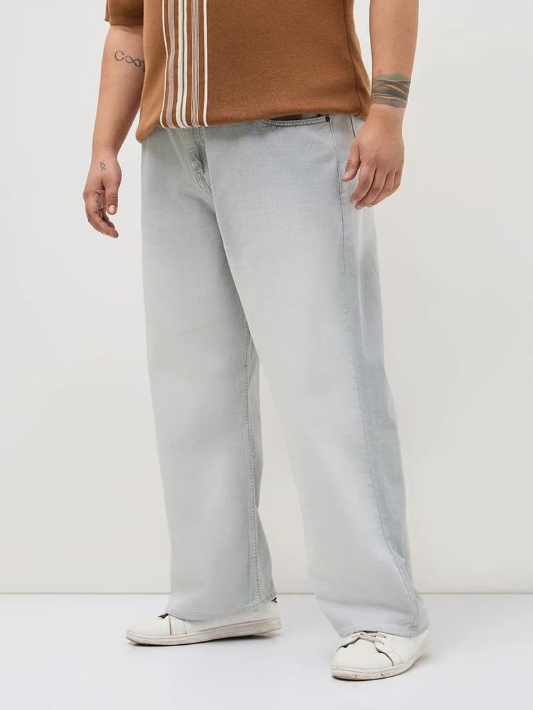 Plus Men's Ice Grey Loose Baggy Fit Heavy Washed Faded Denim Jeans Non-Stretchable — photo 3