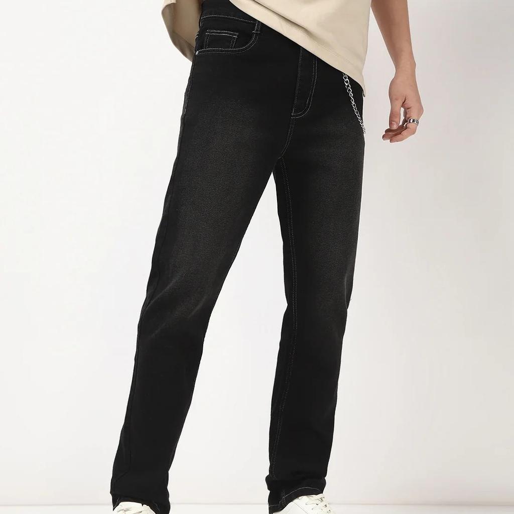 Men's Black Straight Fit Washed Jeans Stretchable