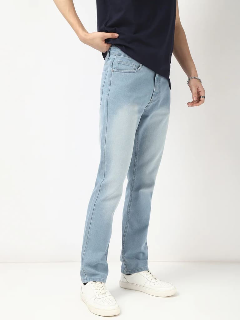 Men's Ice Blue Straight Fit Washed Jeans Stretchable — photo 2