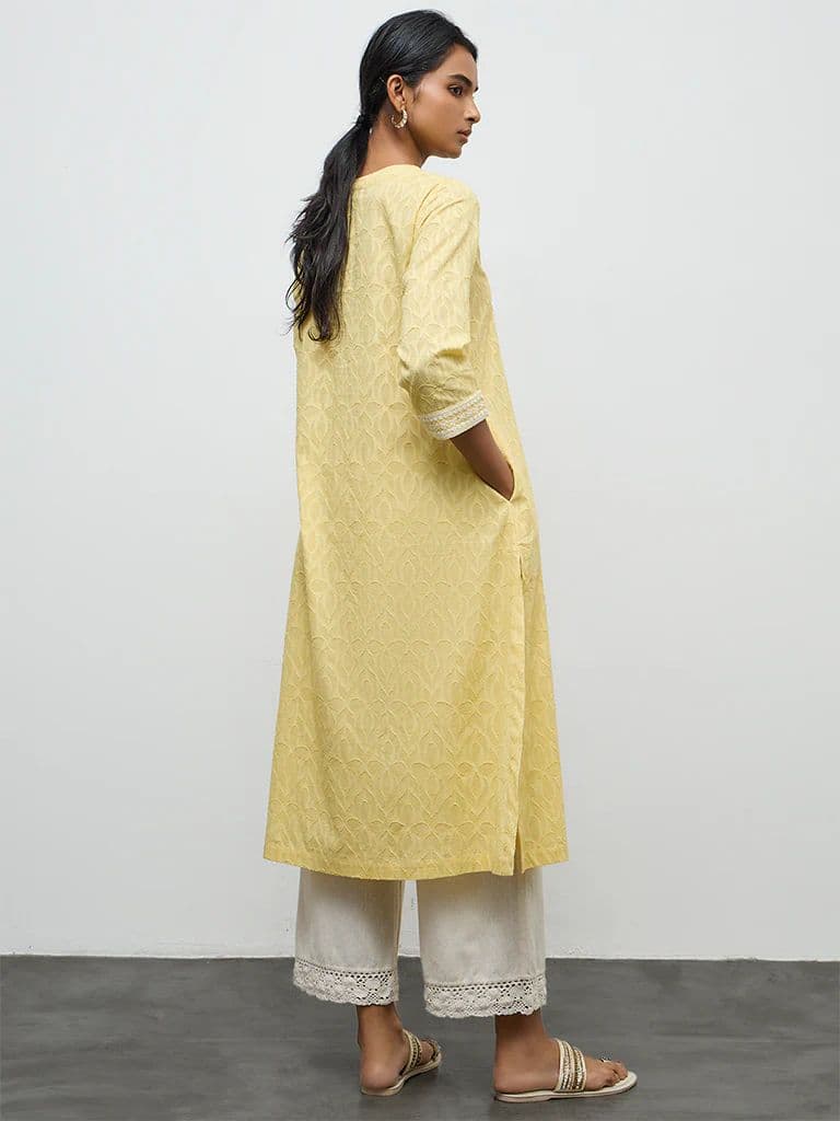 Utsa Yellow Floral Embroidered A-Line Cotton Kurta — photo 4
