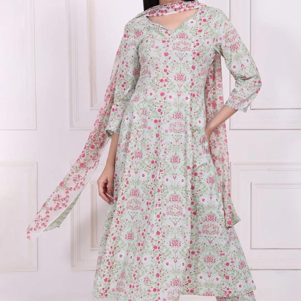 Light Green Floral Printed Lace Trim Anarkali Cotton Kurta with Straight Pant and Dupatta Set
