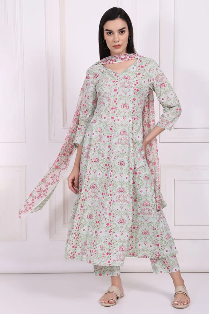 Light Green Floral Printed Lace Trim Anarkali Cotton Kurta with Straight Pant and Dupatta Set — XS