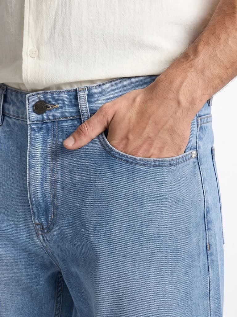 Men's Ice Blue Relaxed Fit Washed Denim Jeans Non-Stretchable — photo 5