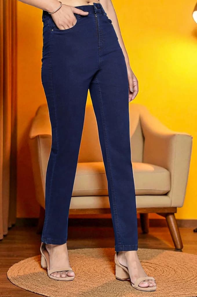 Blue Cotton Lycra Ankle Length Denim Straight Pants with YKK Zipper — photo 6