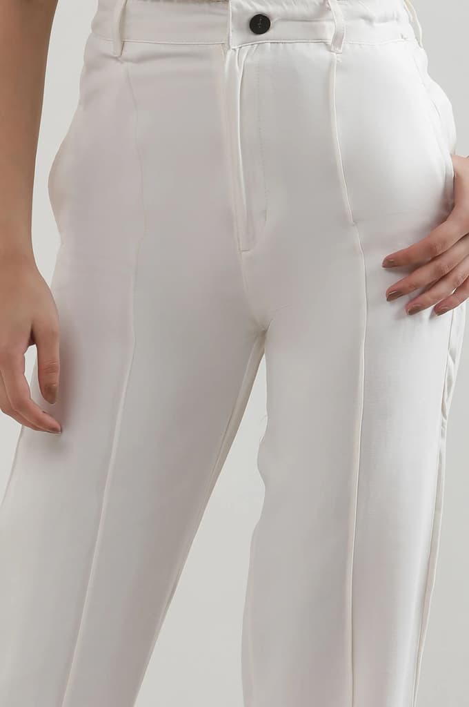 White Solid Straight Fit Rayon Pants — photo 7
