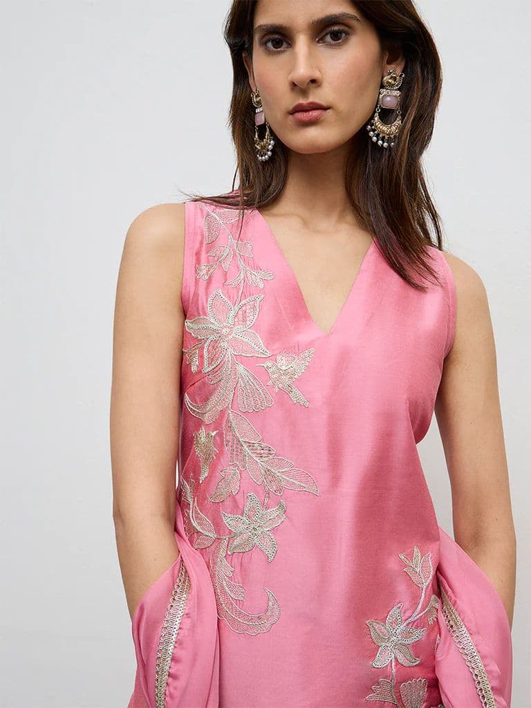 Vark Pink Floral Embroidered A-Line Ethnic Set — photo 3