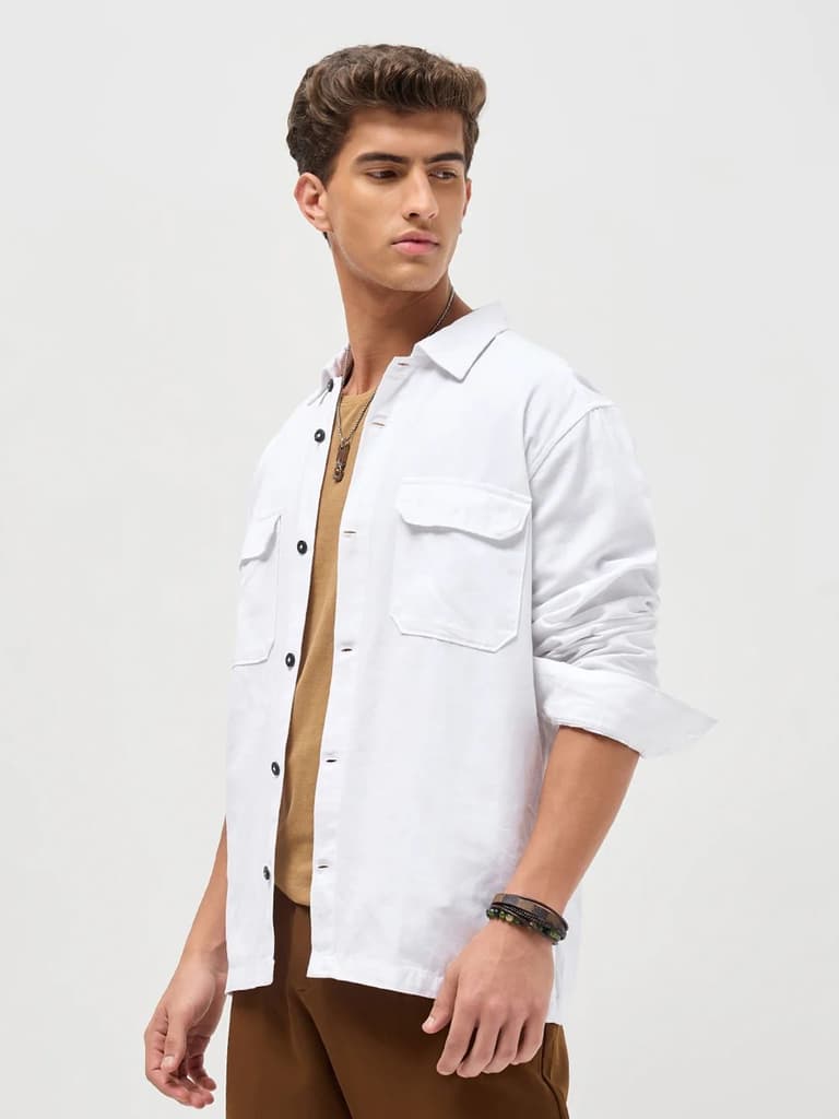 Men's White Cotton Full Sleeve Relaxed Fit Shacket with Utility Pockets — photo 2