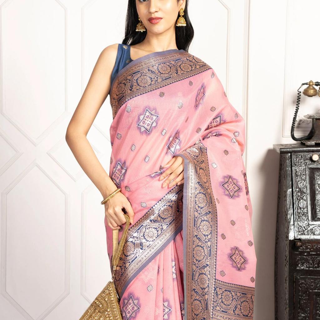 Mimosa Women's Woven Design Kanjivaram Style Art Silk Saree With Blouse Piece : SA00002068PNKFREE