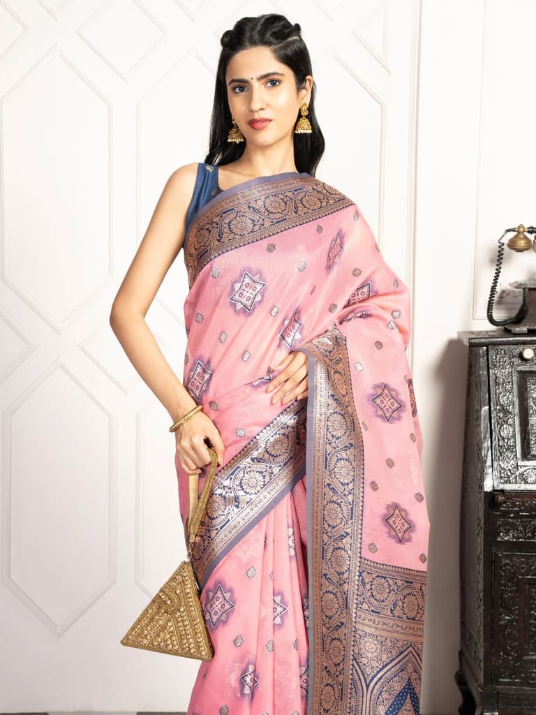 Mimosa Women's Woven Design Kanjivaram Style Art Silk Saree With Blouse Piece : SA00002068PNKFREE — Pink