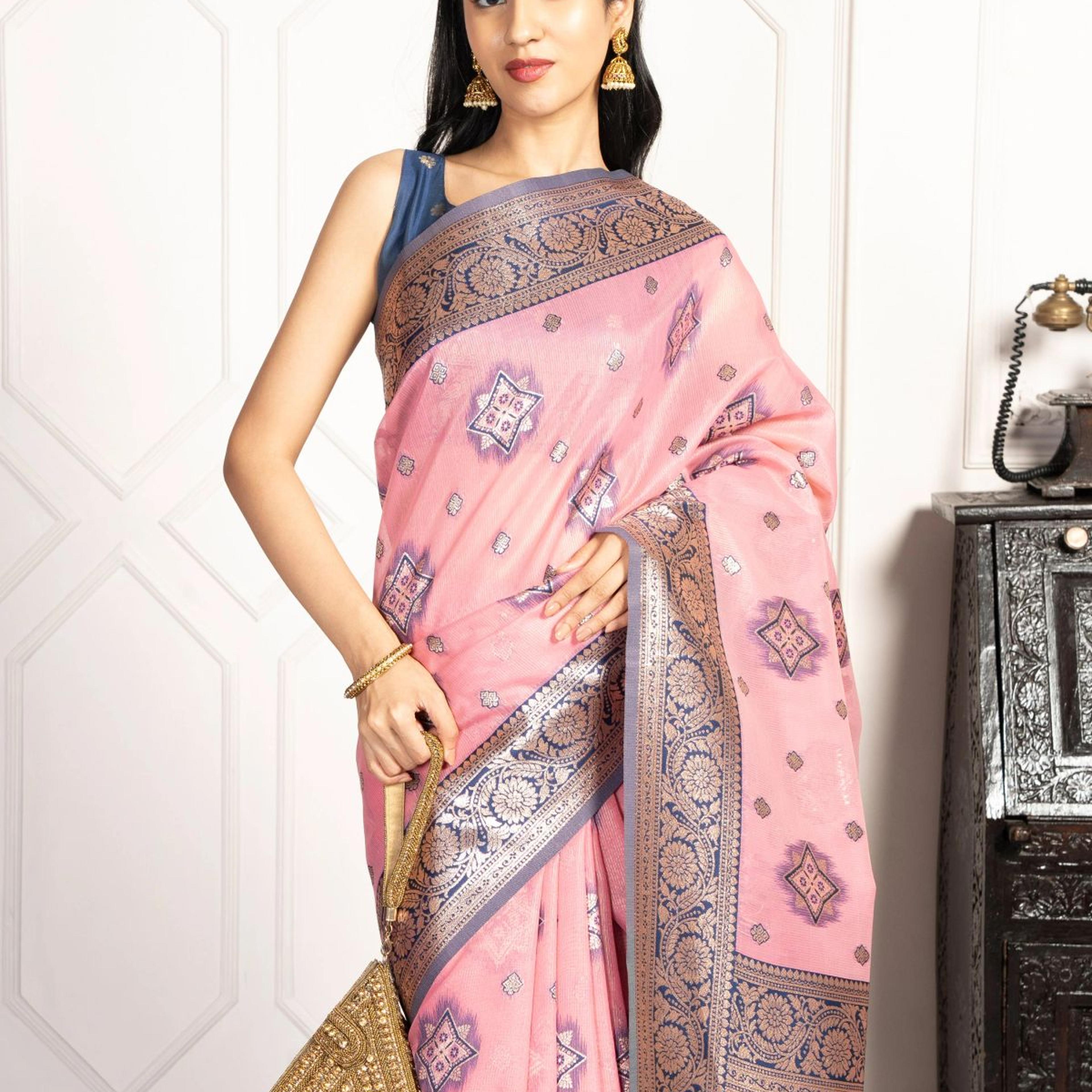 Mimosa Women's Woven Design Kanjivaram Style Art Silk Saree With Blouse Piece : SA00002068PNKFREE