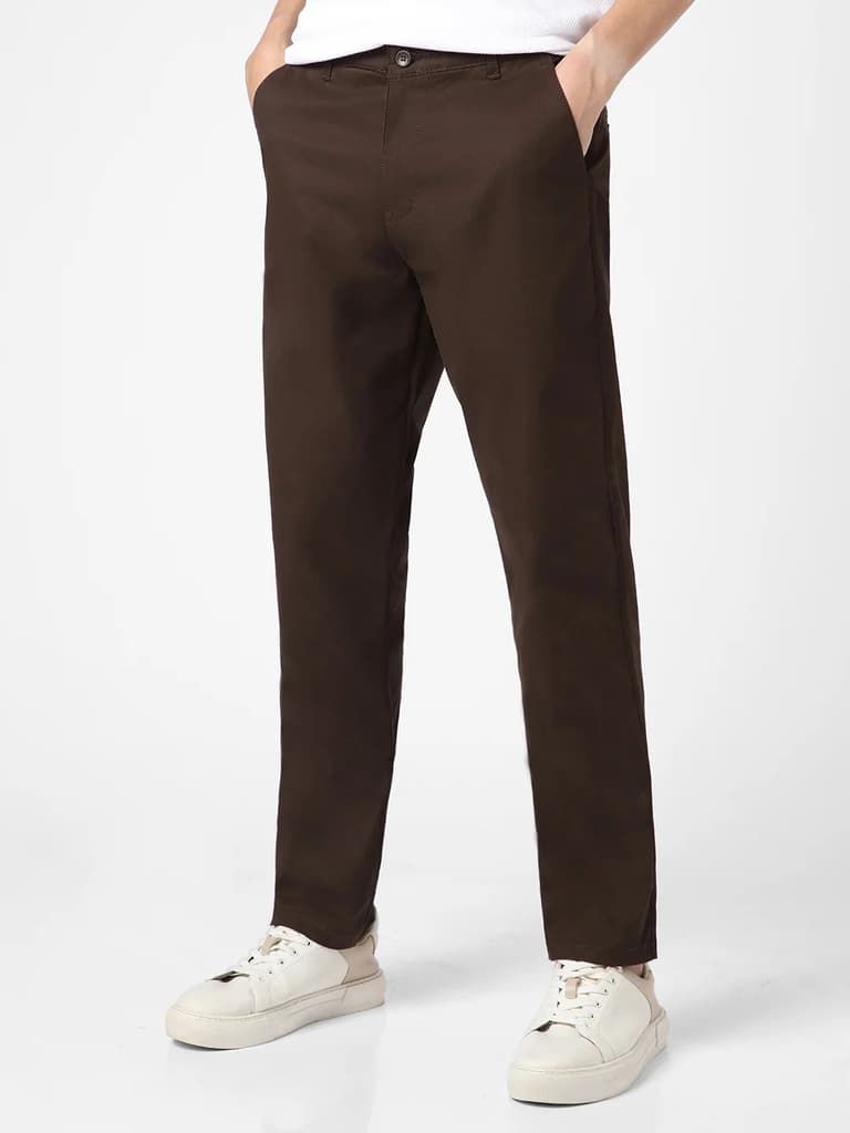 Men's Chocolate Brown Cotton Regular Fit Casual Chinos Trousers Stretch — photo 2