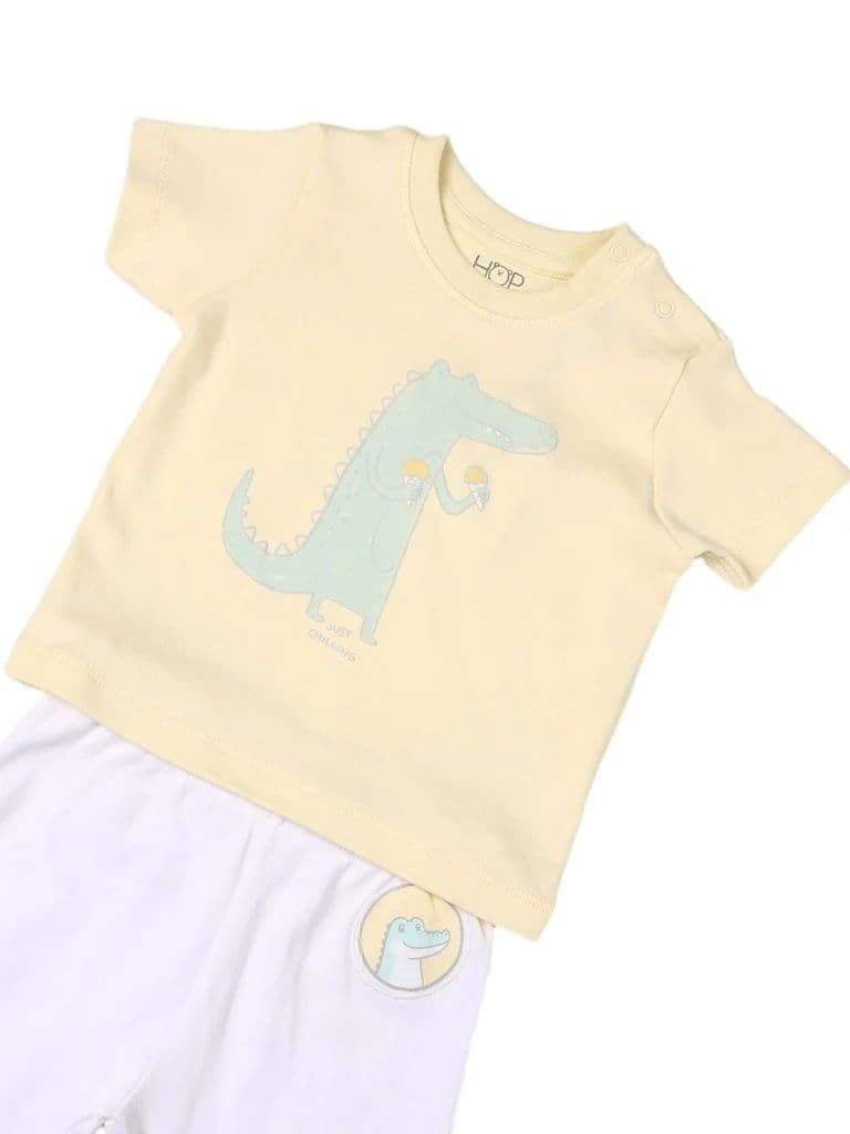 HOP Baby Boys Yellow Printed Cotton T-Shirt and Pants Set — photo 3