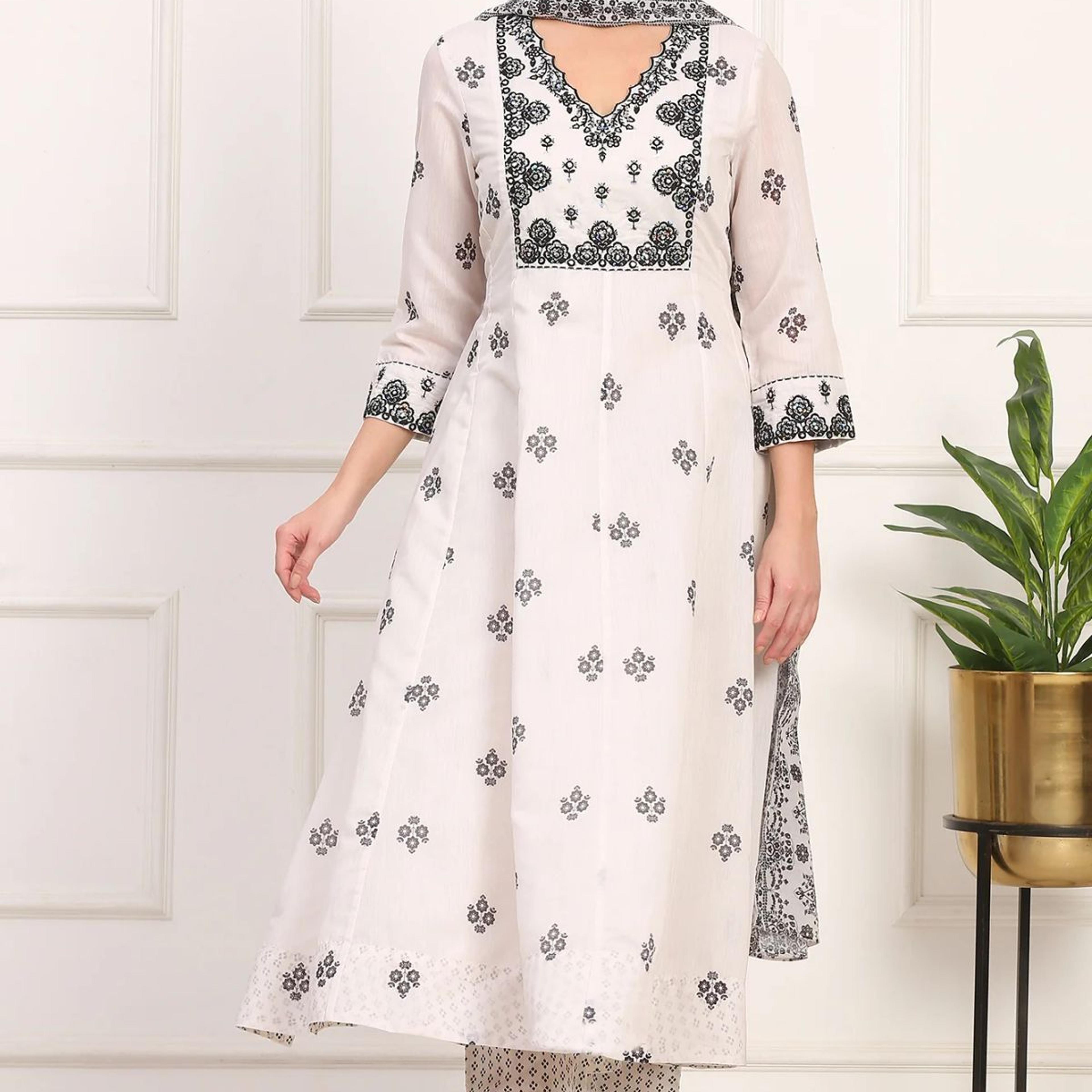 White Floral Printed Embellished Chanderi Flared Kurta, Pant and Dupatta Set