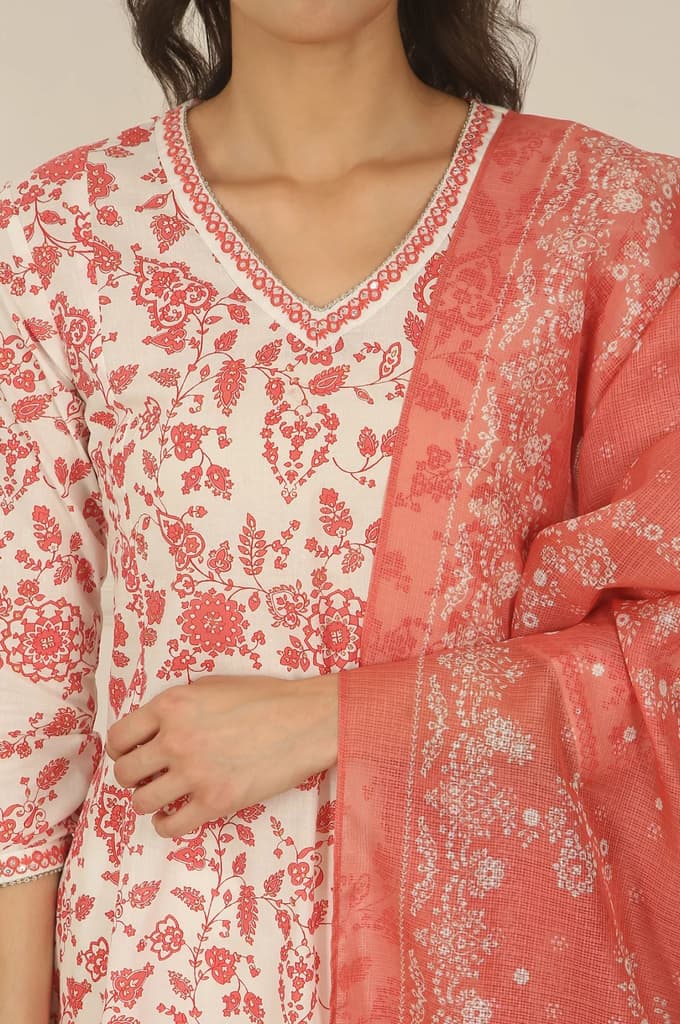 White and Orange Floral Printed Pure Cotton Flared Kurta, Pants and Dupatta Set — photo 4