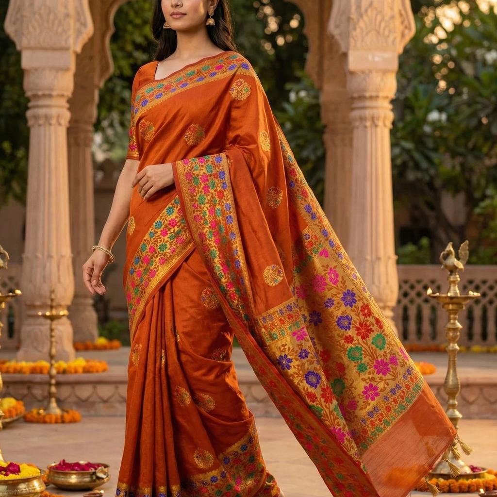 MIMOSA Women's Woven Design Paithani Style Raw Silk Saree with Blouse Piece - Rust ( SA00003127RSFREE )