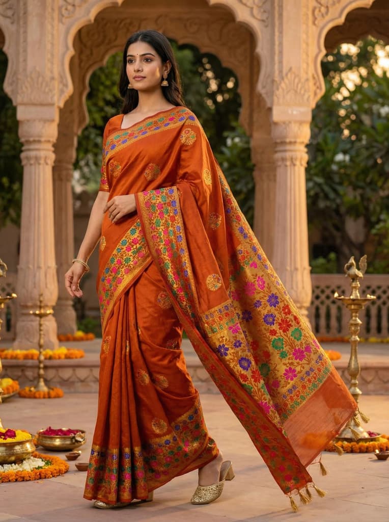 MIMOSA Women's Woven Design Paithani Style Raw Silk Saree with Blouse Piece - Rust ( SA00003127RSFREE ) — Default Title