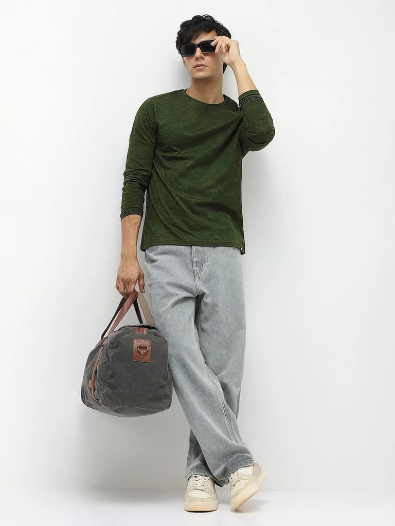 Men's Olive Green Printed Full Sleeve Slim Fit Cotton T-Shirt — photo 5