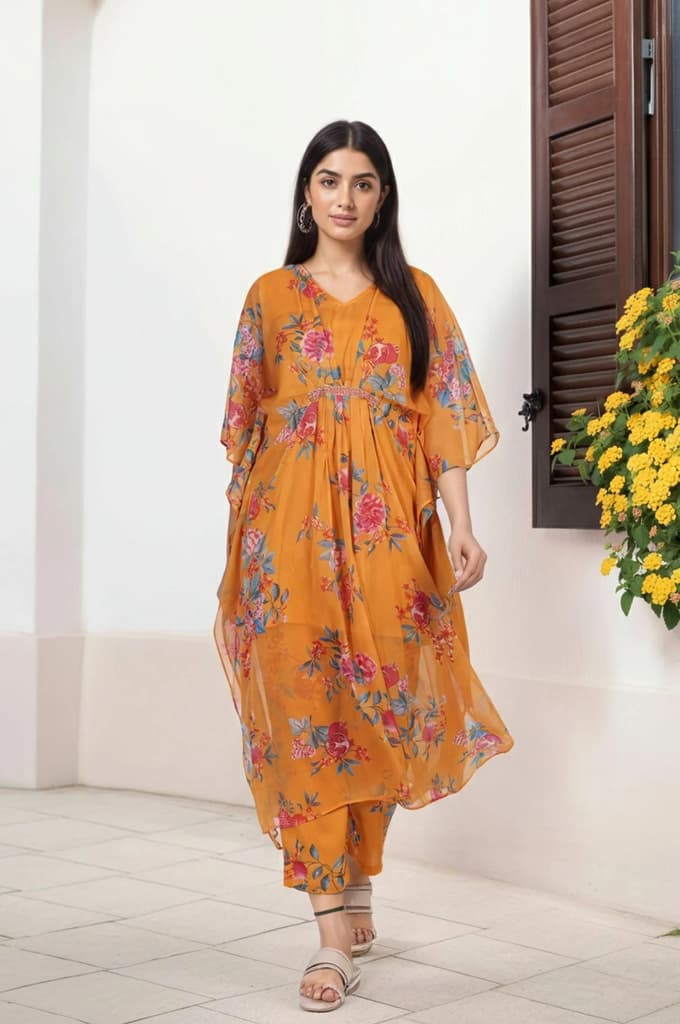 Orange Floral Printed Sequined Flared Chiffon Kaftan with Pant Set — photo 2