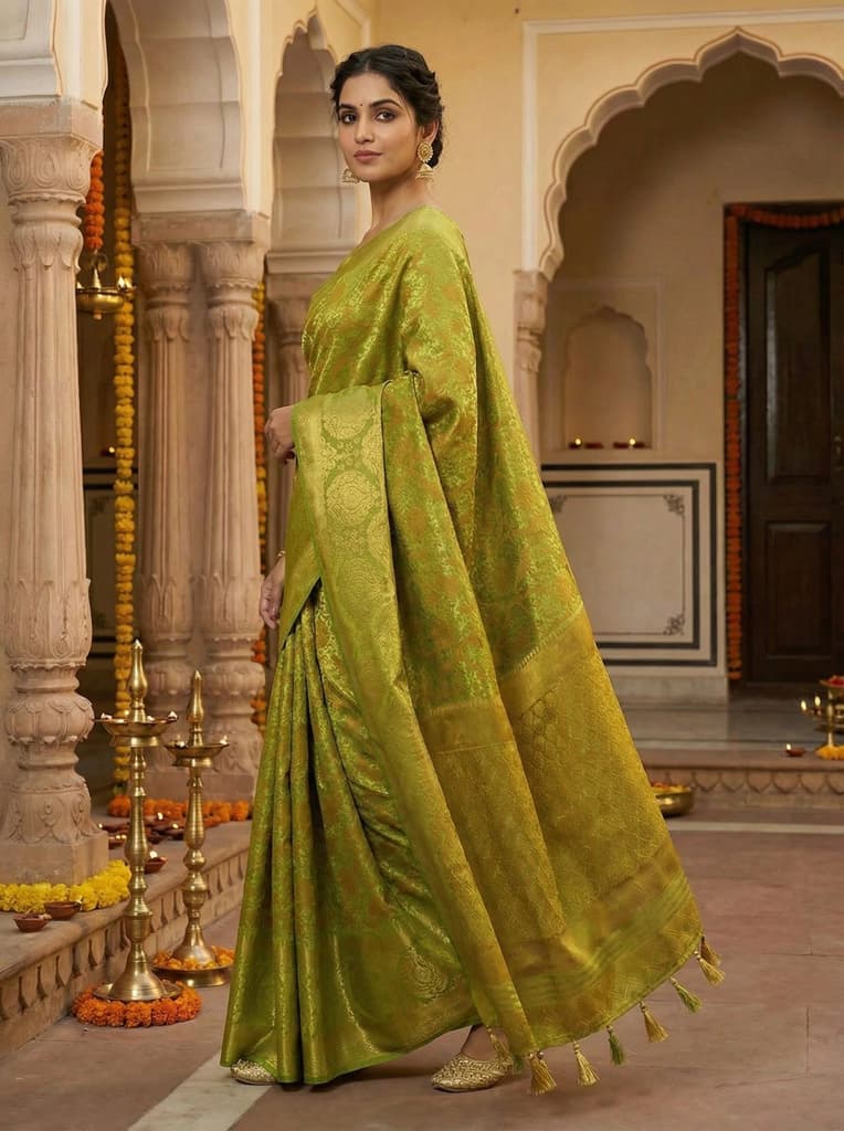 MIMOSA Women's Woven Design Kanjivaram Style Art Silk Saree with Blouse Piece - Olive ( SA00003141OLFREE ) — photo 3