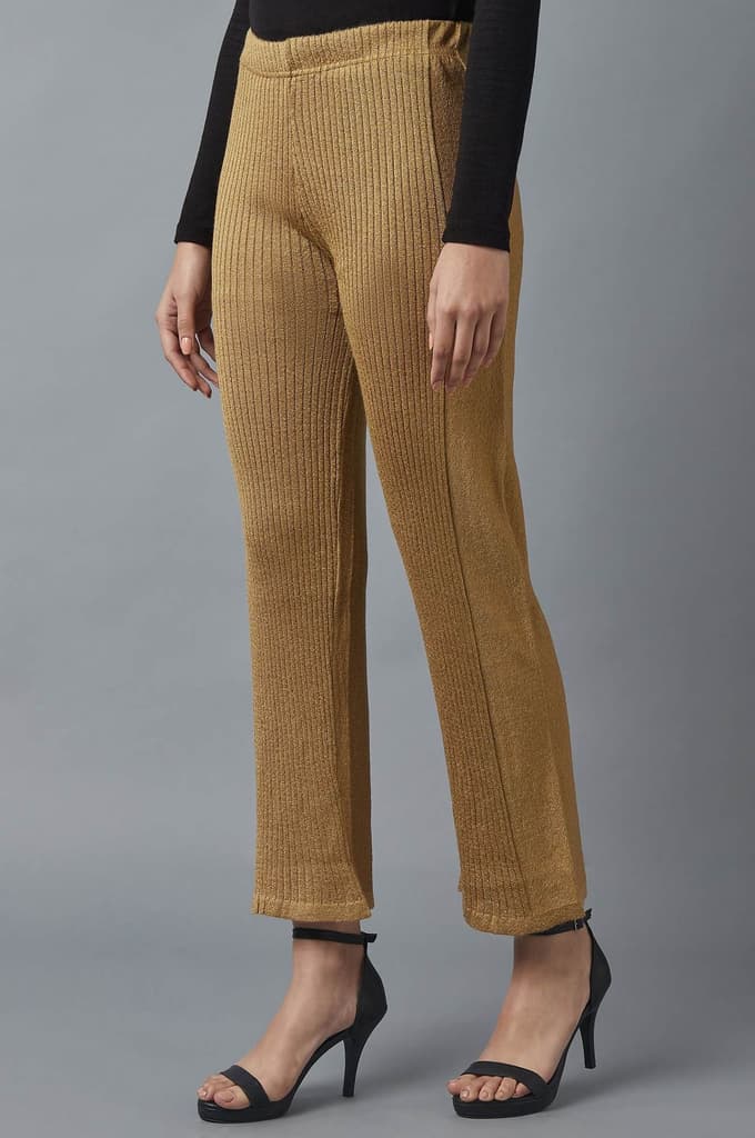 Gold Solid Boot Cut Acrylic Palazzo With Elasticated Waist — photo 3