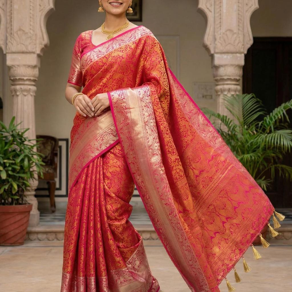 MIMOSA Women's Woven Design Banarasi Style Art Silk Saree with Blouse Piece - Rani ( SA00003132RNFREE )