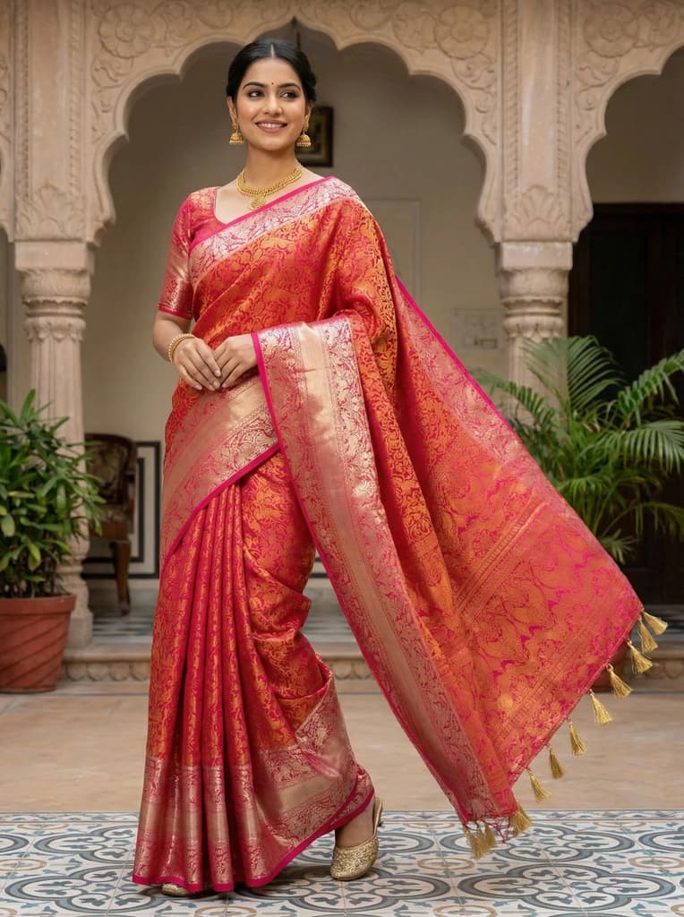 MIMOSA Women's Woven Design Banarasi Style Art Silk Saree with Blouse Piece - Rani ( SA00003132RNFREE )