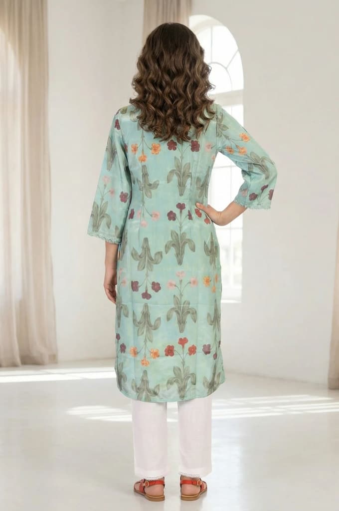 Sea Green Floral Printed Straight Kurta with Lace — photo 4