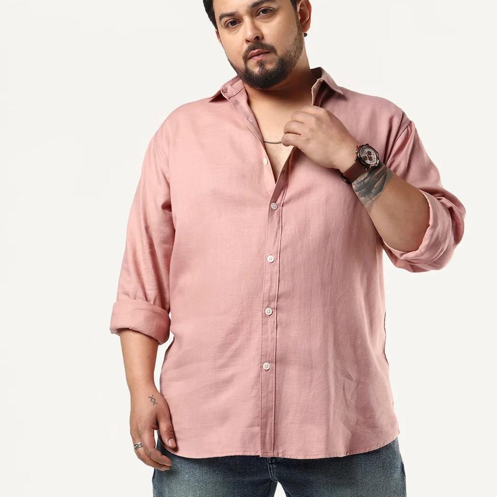Plus Men's Dusty Pink Linen Blend Full Sleeve Relaxed Fit Casual Solid Shirt