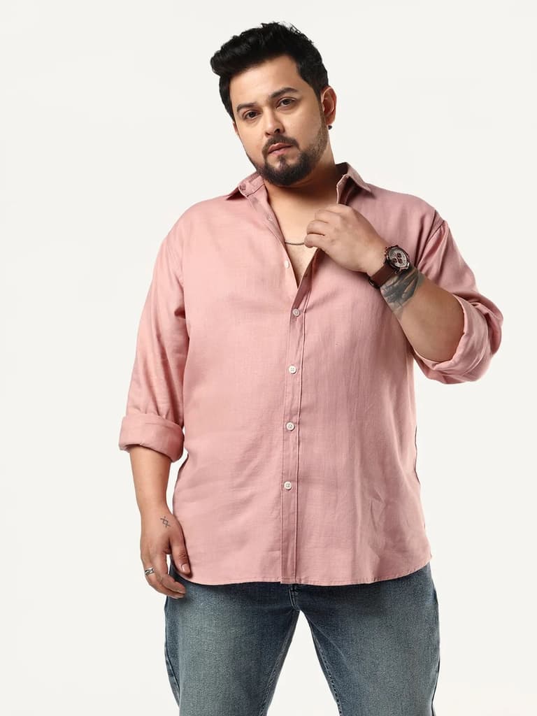 Plus Men's Dusty Pink Linen Blend Full Sleeve Relaxed Fit Casual Solid Shirt — 2XL / Dusty Pink