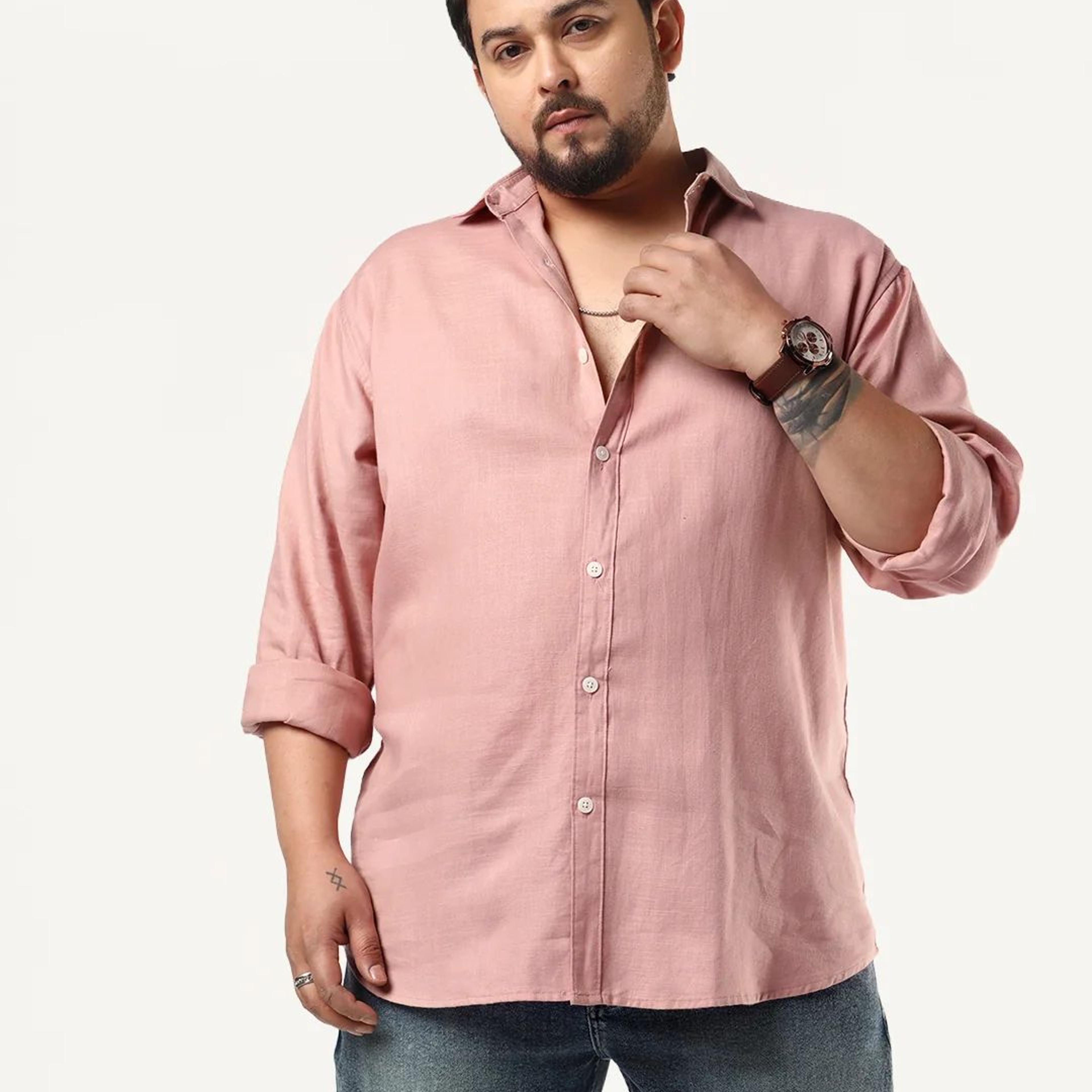 Plus Men's Dusty Pink Linen Blend Full Sleeve Relaxed Fit Casual Solid Shirt