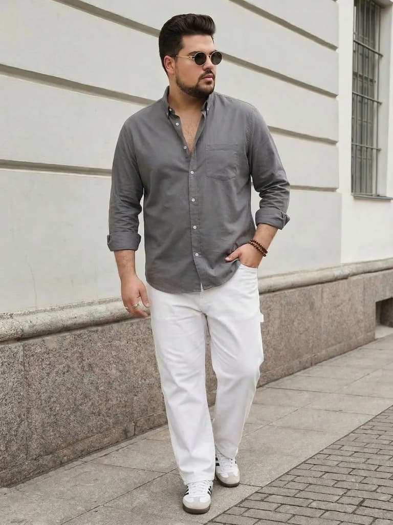 Plus Men's Grey Cotton Full Sleeve Regular Fit Solid Oxford Shirt With Button-Down Collar — photo 4