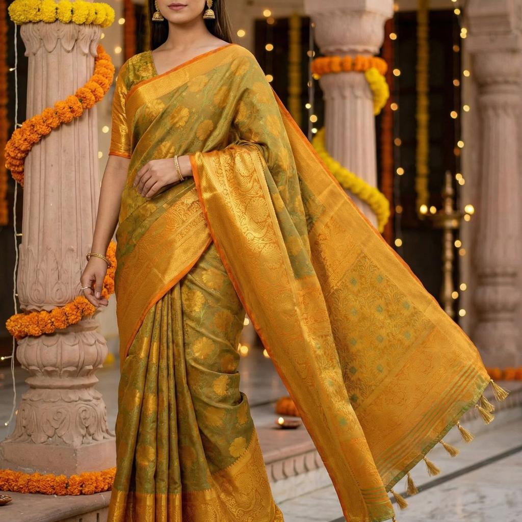 MIMOSA Women's Woven Design Kanjivaram Style Art Silk Saree with Blouse Piece - Mustard ( SA00003142MSFREE )
