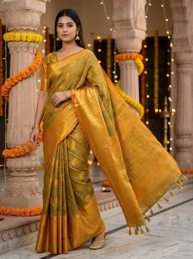 MIMOSA Women's Woven Design Kanjivaram Style Art Silk Saree with Blouse Piece - Mustard ( SA00003142MSFREE ) — Default Title