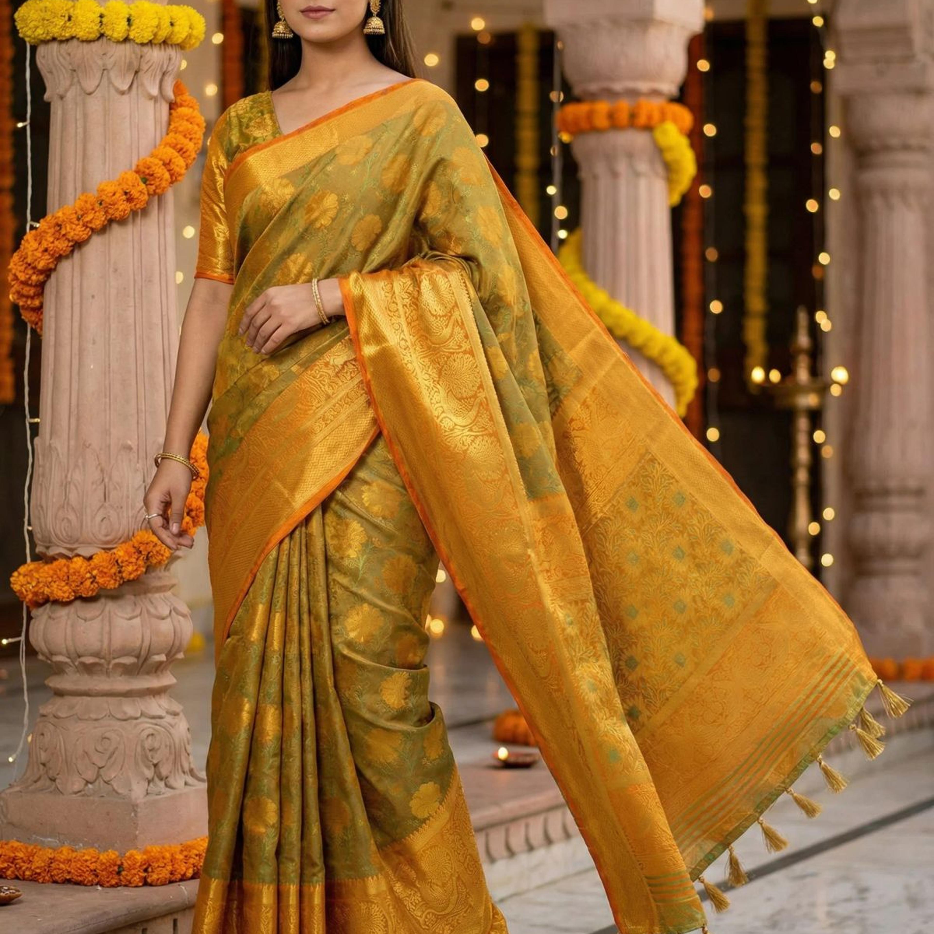 MIMOSA Women's Woven Design Kanjivaram Style Art Silk Saree with Blouse Piece - Mustard ( SA00003142MSFREE )