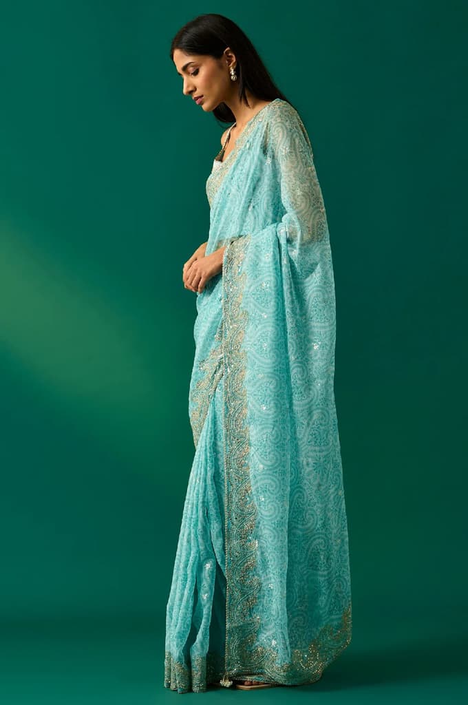 Light Blue Floral Printed Embroidered Zari Work Net Saree with Unstitched Blouse — photo 3