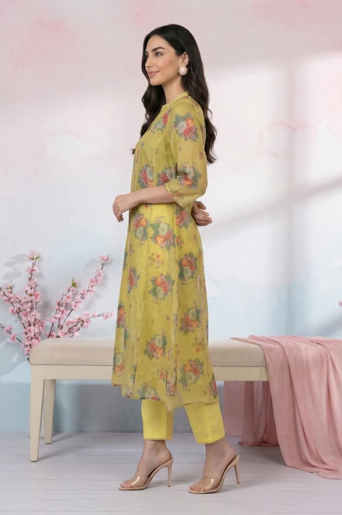 Yellow Floral Printed Kota Straight Kurta — photo 4
