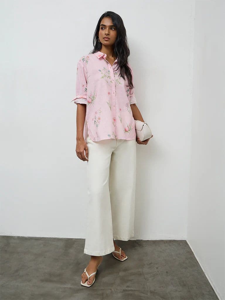 Utsa Light Pink Foliage Printed Cotton Tunic — photo 2