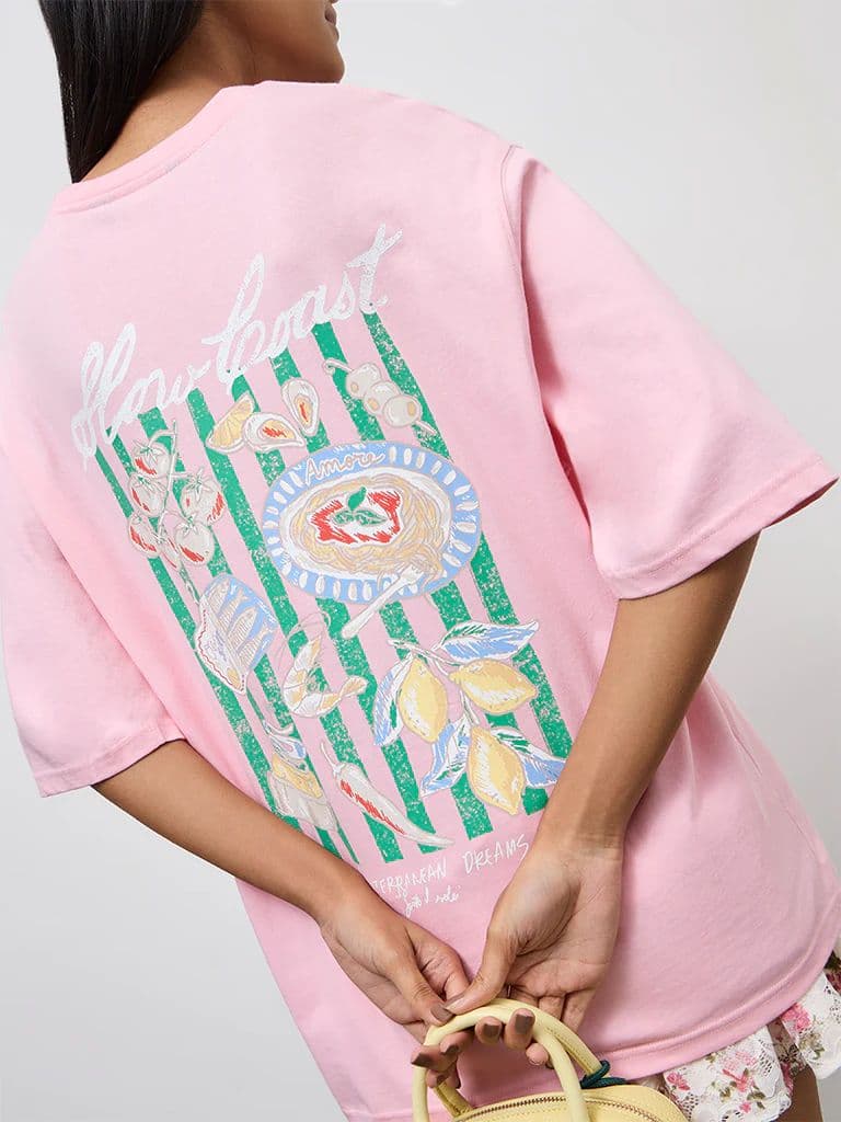 Nuon Pink Printed Oversized Cotton T-Shirt — photo 3