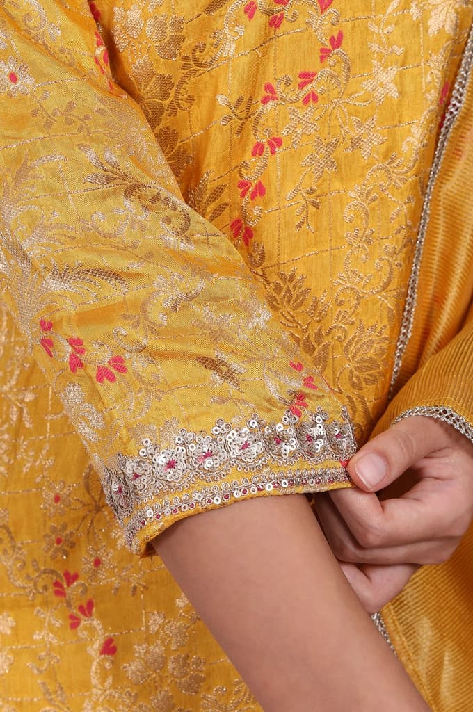 Yellow Embroidered Straight Jacquard Kurta with Sharara and Dupatta Set — photo 7