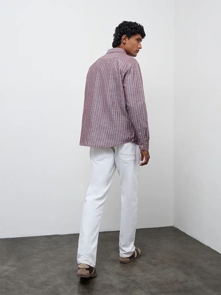WES Casuals Brown Striped Relaxed-Fit Cotton-Blend Shirt — photo 4